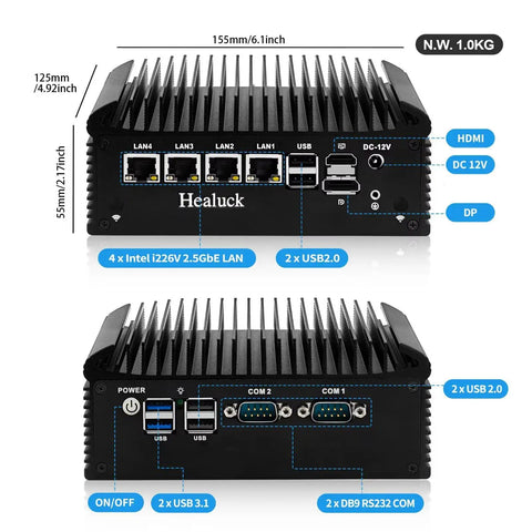 N150 Firewall Mini PC Crushing Network Tasks With 4X 2.5GbE i226V LAN And RS232 COM angled view showing ports and dimensions.