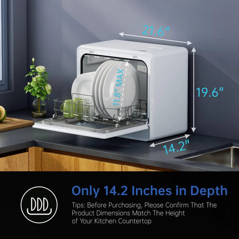 Slim Countertop Dishwasher Featuring Built In Water Tank Expanded Interior Holds Heavy Pots Hassle Free Plumbing setup with plates.