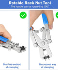 No Sweat Rotating Cage Nut Wrench, Quick Install And Removal Pliers demonstrating clamping methods, stainless steel construction.