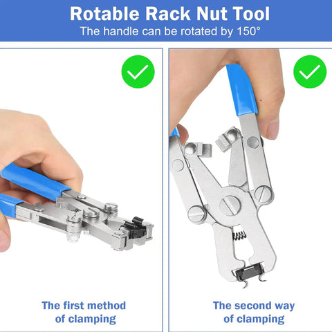 No Sweat Rotating Cage Nut Wrench, Quick Install And Removal Pliers demonstrating clamping methods, stainless steel construction.