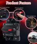 Tough As Nails 150 Amp DC Circuit Breaker with waterproof design showcasing push-to-reset feature and robust construction.