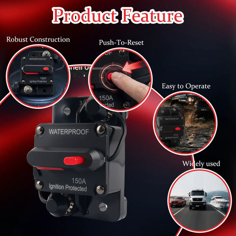 Tough As Nails 150 Amp DC Circuit Breaker with waterproof design showcasing push-to-reset feature and robust construction.