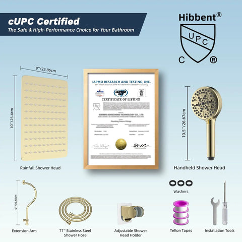 cUPC certification with All Metal CUPC Certified Shower Head Combo With 10 Inch Rainfall Head And Polished Brass Handheld Showerhead
