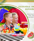 Children at a picnic with Outdoor Picnic Table Cover Set With Bench Covers 3 Piece Waterproof Vinyl Fitted Tablecloth Black And White Checkered Design visible.