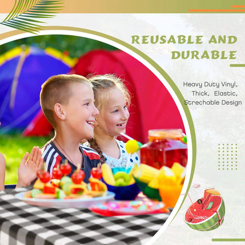 Children at a picnic with Outdoor Picnic Table Cover Set With Bench Covers 3 Piece Waterproof Vinyl Fitted Tablecloth Black And White Checkered Design visible.