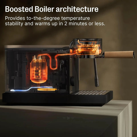 Transparent side view of Espresso Machine With 58mm Portafilter, Fast Two Minute Heat Up, Pressure Profiling, showcasing boiler architecture.