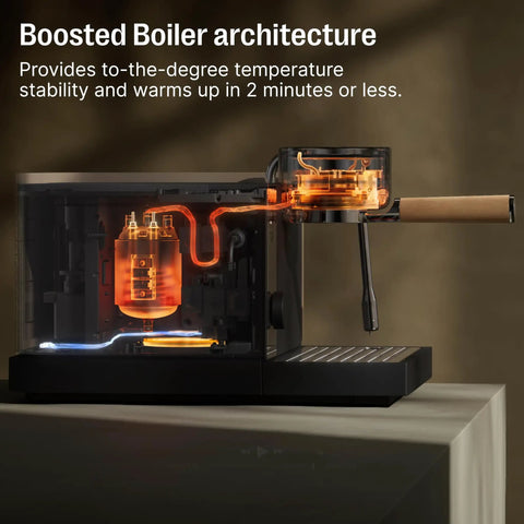 Premium Home Espresso Machine Featuring Smart Pressure Profiling And Instant Shot Feedback For Consistent Pulses and Expert Temp Control, showcasing Boosted Boiler for quick heating.