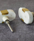 Oval Stone And Brass Knob Set For Drawers And Cabinets 1.5 Inch Natural Stone Knobs With Brass Mount Gold White Finish Set Of 6
