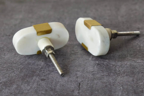Oval Stone And Brass Knob Set For Drawers And Cabinets 1.5 Inch Natural Stone Knobs With Brass Mount Gold White Finish Set Of 6