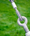 Close-up of 50 Pack Heavy Duty Stainless Steel Wire Rope Thimbles 1/16 Inch Cable Sleeves connected to steel wire loop.