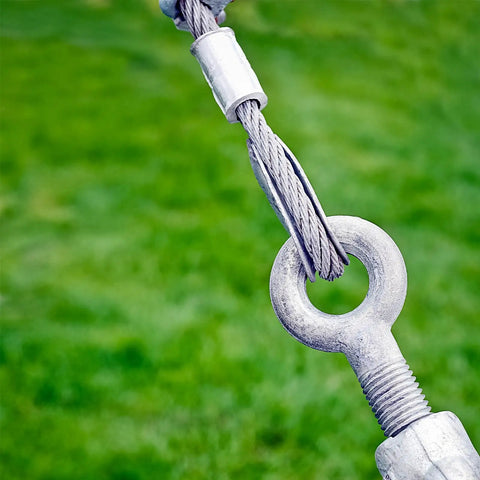 Close-up of 50 Pack Heavy Duty Stainless Steel Wire Rope Thimbles 1/16 Inch Cable Sleeves connected to steel wire loop.