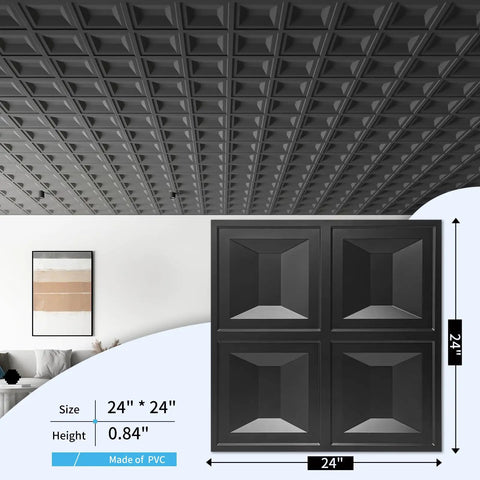 Drop Ceiling Tiles 24x24 Inch Pack Of 12 White PVC Panels For DIY Grid Install in black, showing detailed design and size