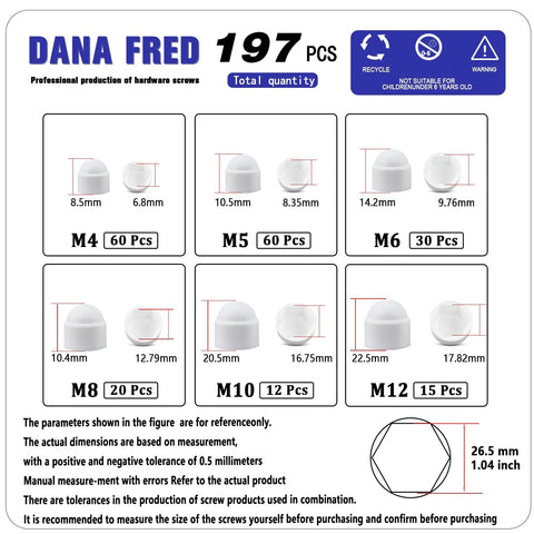 197 Piece White Plastic Bolt Covers Set For Hex Bolts M4 To M12 Protective Caps For Screws And Nuts size chart with measurements