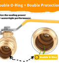 Front view of a 1/2-inch brass ball valve with yellow lever handle and dual O-ring seals.