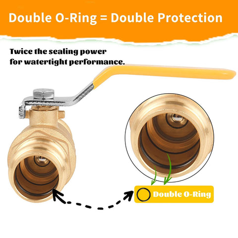 Front view of a 1/2-inch brass ball valve with yellow lever handle and dual O-ring seals.