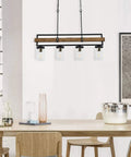 4 Light Farmhouse Kitchen Island Pendant Light With Black Metal And Wood Finish, 36 Inch Linear Hanging Chandelier over dining room table