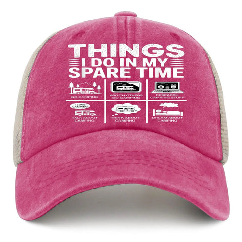 Funny Things I Do In Spare Time RV Camper Trucker Hat Camping Cap For Dad Gift Outdoor Adventure Wear, pink design front view