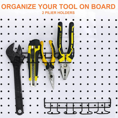 Sixteen Piece Pegboard Hook Set That Fits One Eighth And One Quarter Inch Boards With A Two Prong Grab Design displayed on pegboard