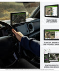 Driver using Tread 2 Overland Edition Off-Road GPS Navigator for Tough Terrain mounted in vehicle, 8-inch glove-friendly display
