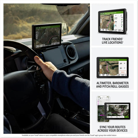 Driver using Tread 2 Overland Edition Off-Road GPS Navigator for Tough Terrain mounted in vehicle, 8-inch glove-friendly display