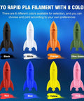 Eight rocket-shaped models in black, white, orange, olive green, red, blue, yellow, and pink. Rapid PLA Filament Bundle 2Kg 1.75mm 250g Spools Eight Color Pack For 3D Printing High Speed Filament Black White Blue Red Pink Orange Yellow Olive Green.