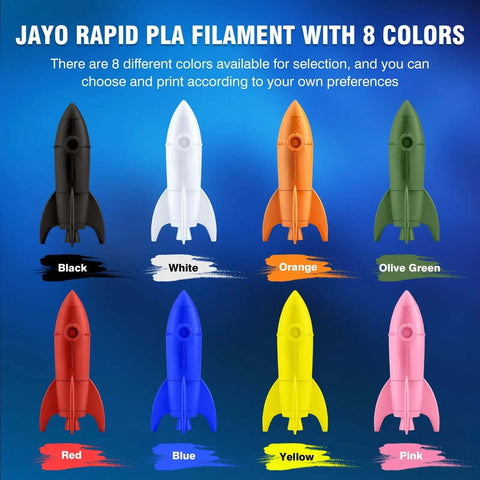 Eight rocket-shaped models in black, white, orange, olive green, red, blue, yellow, and pink. Rapid PLA Filament Bundle 2Kg 1.75mm 250g Spools Eight Color Pack For 3D Printing High Speed Filament Black White Blue Red Pink Orange Yellow Olive Green.