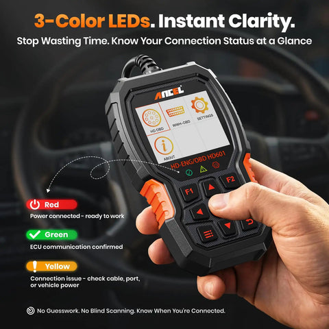 Heavy Duty Truck Scanner Workhorse For Diesel Engines Full System Diagnostic Tool 2 In 1 HDOBD And OBD2 Code Reader display
