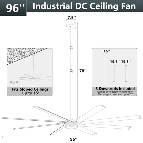 Diagram of 96 Inch Industrial Ceiling Fan No Light With 8 Aluminum Blades, Remote And App Control, DC Motor, for warehouse or gym.