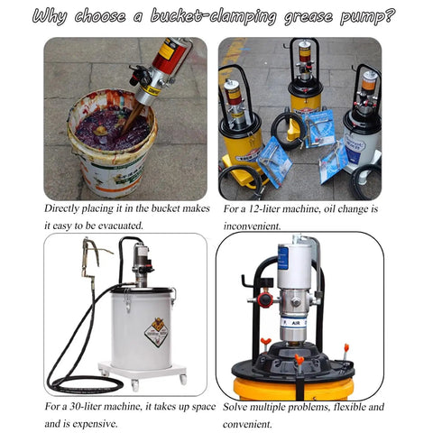 Portable Air Grease Pump With 50 To 1 Pressure Ratio For 5 Gallon Buckets showing different grease pump setups