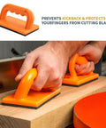 Close-up of hands using push blocks from the Table Saw Safety Accessories 6-Piece Set for safe wood cutting on a table saw.