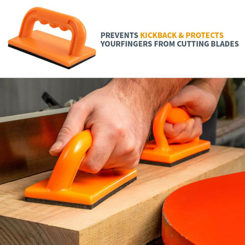 Close-up of hands using push blocks from the Table Saw Safety Accessories 6-Piece Set for safe wood cutting on a table saw.