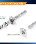 Two Piece Threaded Curl Bar With Chrome Spin Lock Collars For Home Gym close-up showing spinlock collars and threaded ends.