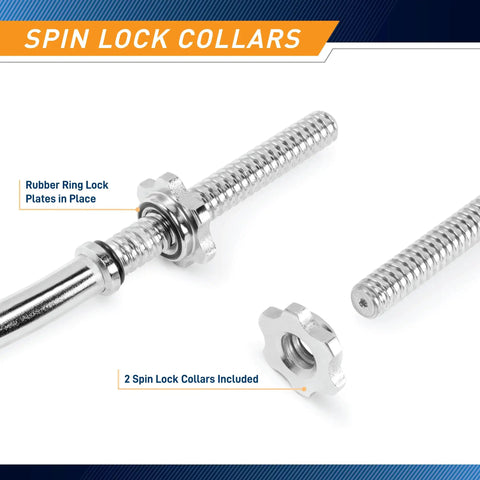 Two Piece Threaded Curl Bar With Chrome Spin Lock Collars For Home Gym close-up showing spinlock collars and threaded ends.