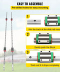 Linear guide rails, two silver aluminum rails with green and red square carriages; side view with assembly diagram.