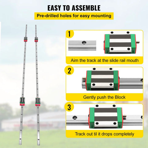 Linear guide rails, two silver aluminum rails with green and red square carriages; side view with assembly diagram.