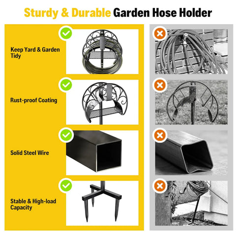 Comparison of heavy duty freestanding garden hose holder with 50ft kink-free water hose kit highlighting features and benefits.