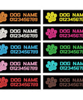Custom Name Dog Patch 2 Pack Iron On Hook Loop Applique For Harness Vest Collar Accessories Reusable Paw Print Badge in multiple colors.