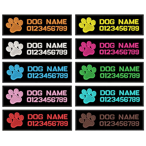 Custom Name Dog Patch 2 Pack Iron On Hook Loop Applique For Harness Vest Collar Accessories Reusable Paw Print Badge in multiple colors.