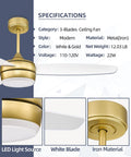 Modern Gold Ceiling Fan With Remote And LED Light 52 Inch, white blades, iron finish details, specifications shown.