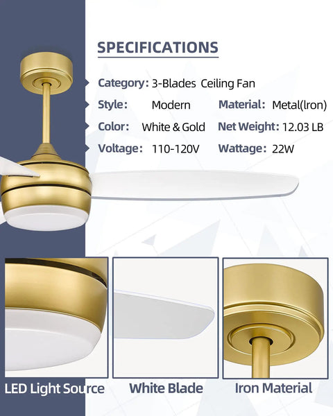 Modern Gold Ceiling Fan With Remote And LED Light 52 Inch, white blades, iron finish details, specifications shown.