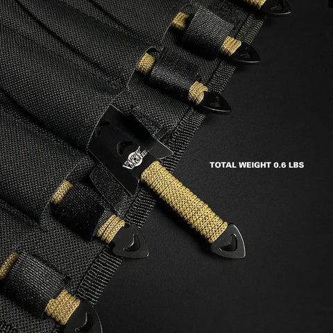 Close-up of Six Piece Tactical Combat Kunai Throwing Knife Set With Sheath Case, knives secured in black padded nylon sheath with Velcro straps.
