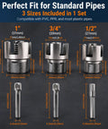 3 Piece PVC Pipe Threader Tool Kit For 1 2 3 4 And 1 Inch Plastic Pipes Heavy Duty Alloy Construction showing sizes 1, 3/4, and 1/2 inches.