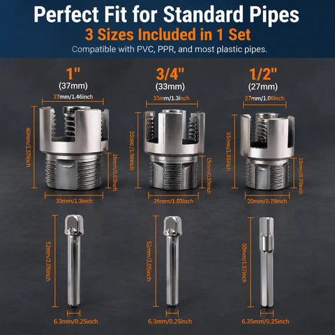 3 Piece PVC Pipe Threader Tool Kit For 1 2 3 4 And 1 Inch Plastic Pipes Heavy Duty Alloy Construction showing sizes 1, 3/4, and 1/2 inches.