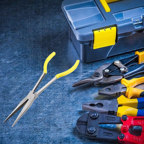11 Inch Long Reach Needle Nose Pliers With Milled Jaws For Mechanics Technicians And Contractors next to toolbox on workbench