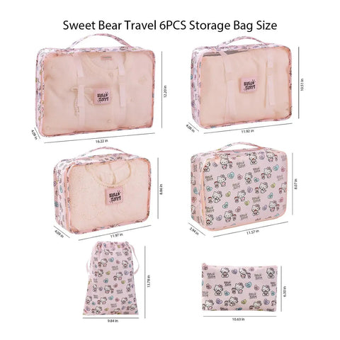 6 Piece Travel Packing Cubes Set Waterproof Pink Twill Luggage Organizers for Business Trips and Vacays on display