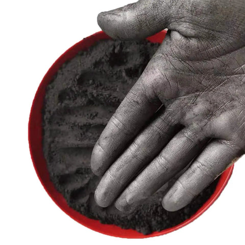Hand with Pure Graphite Powder For Locks And Machinery, 13 Micron Super Ultra Fine Lubricant Powder in red container