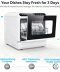 Slick Portable Countertop Dishwasher Featuring 5L Self Contained Tank And Three Automatic Wash Cycles With Rapid Air Dry, showcasing dishes stored inside.