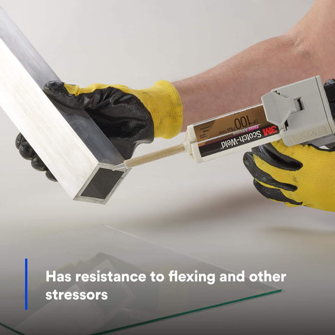 Person applying Epoxy Adhesive DP100 Plus Clear Duo-Pak 48.5 mL (1.64 fl oz) to metal surface with dispenser