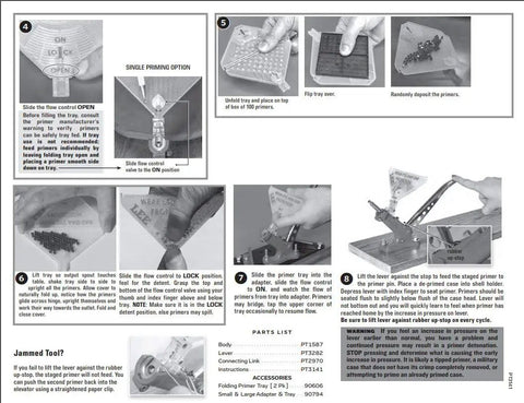 Auto Bench Priming Tool For Quick Reloading With Triangular Tray That Accepts All Primer Boxes Ergonomic Design Large And Small Primer Trays So You Never Touch Primers From Box To Primer No Mess Hands Free, instruction sheet