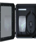 Open outdoor EV charger enclosure box with lock box, tempered glass front, and cable holder for Tesla wall charger.